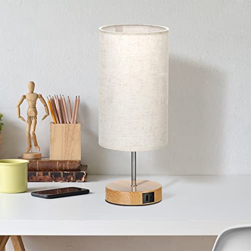Bedside Lamp with USB C+A Ports - Touch Control Small Table Lamp for Bedroom with 3 Lighting Modes,Nightstand Lamps with Round Flaxen Fabric Shade for Living Room, Dorm, Office (LED Bulb Included)