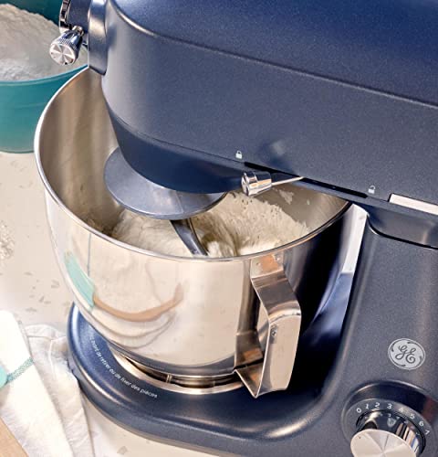 GE Tilt-Head Electric Stand Mixer | 7-Speed, 350-Watt Motor | Includes 5.3-Quart Bowl, Flat Beater, Dough Hook, Wire Whisk & Pouring Shield | Countertop Kitchen Essentials | Sapphire Blue