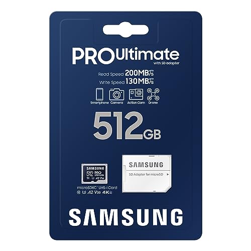 SAMSUNG PRO Ultimate microSD Memory Card + Adapter, 512GB microSDXC, Up to 200 MB/s, 4K UHD, UHS-I, Class 10, U3,V30, A2 for GoPRO Action Cam, DJI Drone, Gaming, Phones, Tablets, MB-MY512SA/AM