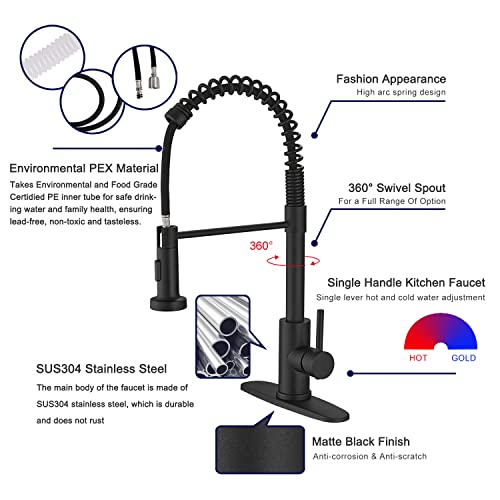 VOTON Kitchen Faucets with Pull Out Sprayer Commercial Spring Kitchen Sink Faucet Matte Black Single Handle Kitchen faucets with Deck Plate