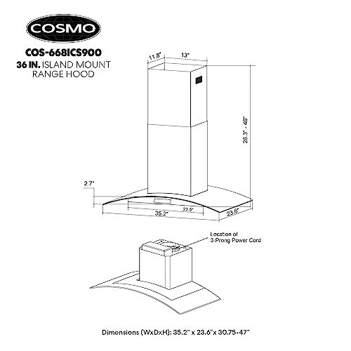 COSMO 668ICS900 36 in. Island Range Hood with 380 CFM, 3 Speeds, Ducted, Permanent Filters, Soft Touch Controls, LED Lights, Curved Glass Hood in Stainless Steel