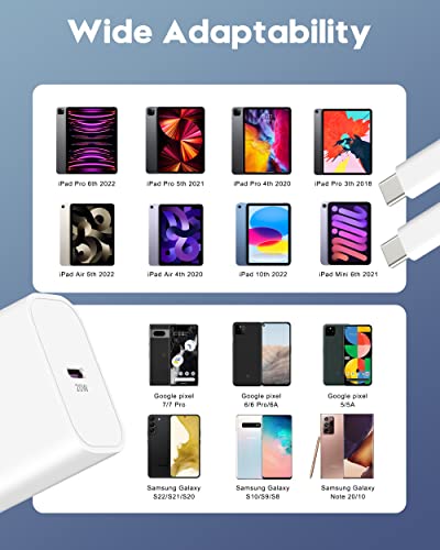 20W Apple Fast Charger for 2022/2021/2020/2018 iPad Pro 12.9/11, iPad 10th Generation, iPad Air 5th/4th, iPad Mini 6, 2Pack USB C Wall Charger Block Type C Fast Charging Plug with 6FT USB C to C Cable
