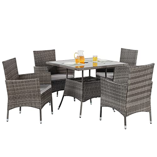 Wisteria Lane Outdoor Furniture 5-Piece Wicker Patio Dining Table and Chair Set,Square Tempered Glass Table Top with Umbrella Hole for Backyard,Grey