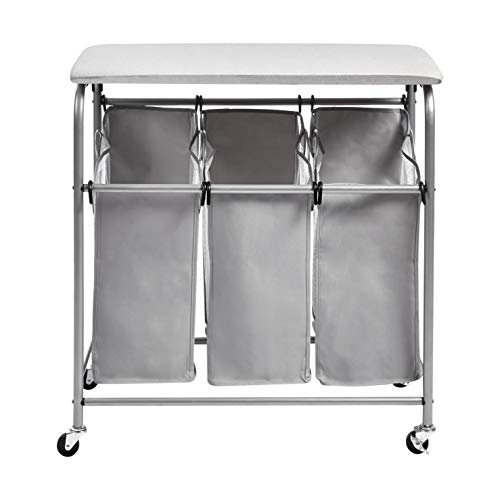 Amazon Basics 3-Bag Rectangular Laundry Sorter with Ironing Board Top, 33.07"L x 31.5"W x 16.14"H, Gray
