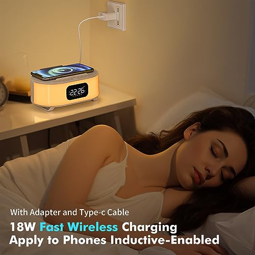 Digital Alarm Clock, Wireless Charger, Bluetooth Speaker, Snooze, Dual Alarms Sleep Timer 12 24H, Natural Sounds, Adjustable Night Light for Bedroom with 12 Colors, Ideal Gift for Heavy Sleepers