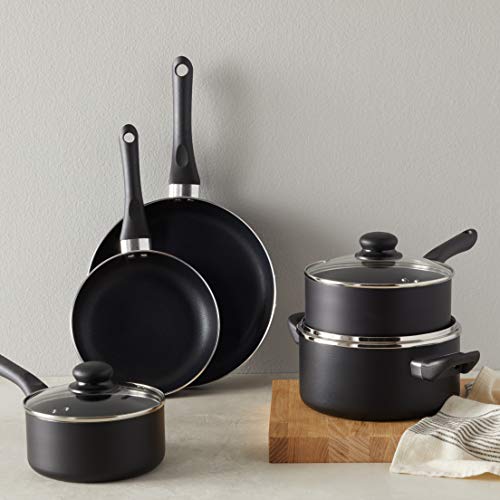 Amazon Basics Non-Stick Cookware Set, Pots and Pans, 8-Piece Set, Black