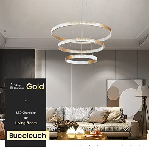 Buccleuch Dining Room Light Fixtures Over Table Gold Modern Chandelier Lighting LED 3-Ring for Living Room Kitchen Island Adjustable Cords 75W 6000K Dimmable
