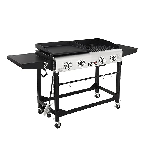 Royal Gourmet GD401 Portable Propane Gas Grill and Griddle Combo with Side Table | 4-Burner, Folding Legs,Versatile, Outdoor | Black 66 Inch