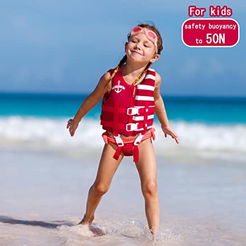 Toddler Swim Vest Floaties for Kids with Adjustable Safety Strap for Learn to Swim Children, Stripes Red M Age 4-6