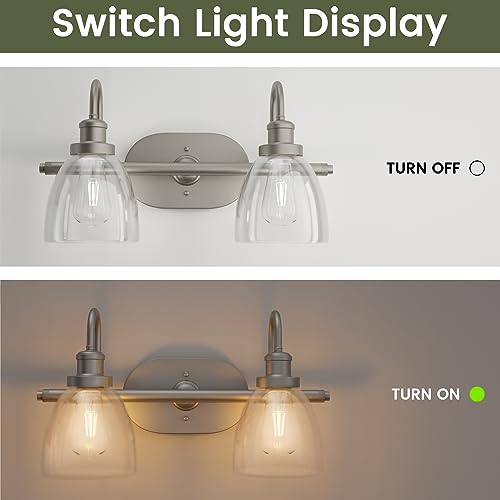 NeuType 2-Light Bathroom Light Fixtures, Brushed Nickel Vanity Light, Bathroom Light Fixtures Over Mirror, Vanity Lights for Bathroom with Clear Glass Shade
