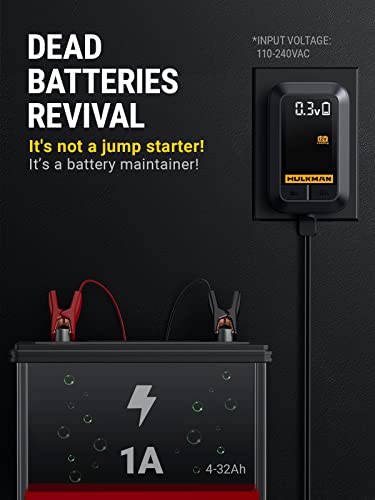HULKMAN Sigma 1 Car Battery Charger, 1A 6V/12V Automatic Smart Trickle Charger, Battery Maintainer, and Desulfator with Intelligent Interface