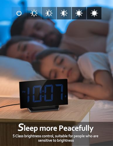 GOLOZA Digital Alarm Clock for Bedrooms, Digital Clock with Modern Curved Design, Conspicuous Blue LED Numbers, 5 Levels Brightness+Off, 2 Volume, 3 Alarm Tones, Snooze, Power-Off Memory, 12/24H