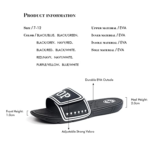 FUNKYMONKEY Sandals for Men Hook and Loop Adjustable Slip on Sport Slides (9 M US, Black/White)