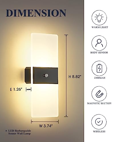Battery Operated Wall Sconces Set of Two, Wireless Motion Sensor Wall Lights, Rechargeable Lamp Sconce Wall Lighting with 2-Mode for Hallway Stairway Bedroom Basement Living Room, LBD025-LED-BK2