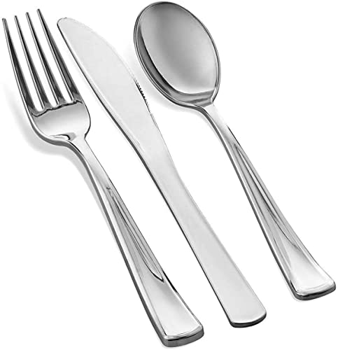 600 Piece Silver Dinnerware Set -100 Silver Rim 10 inch Plastic Plates 100 Silver Rim 7 Inch Plates -300 Silver Plastic Silverware -100 Silver Plastic Cups -100 Guest Disposable Silver Dinnerware Set