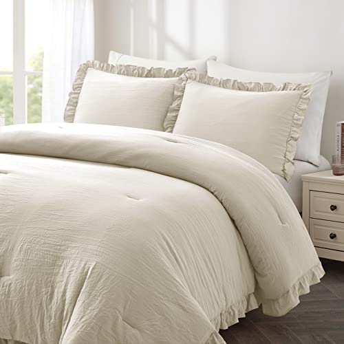 Home Bed Bedding Comforter Set - 3 Pieces Queen Comforter Set, Farmhouse Bedding Set with Ruffle Bed Comforter & Ruffle Pillows Shams(Queen Size Wheat)