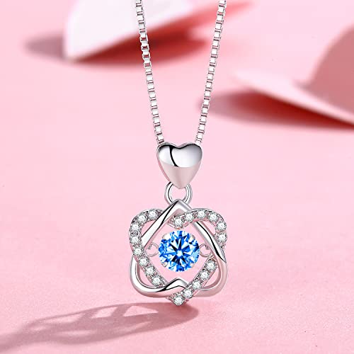 Sparkling Dancing Diamond Necklace - Dainty 925 Sterling Silver Pendant with Cubic Zirconia Birthstones for Women and Girls - Ideal Gift for Valentine's Day, Christmas (HeartBlue)