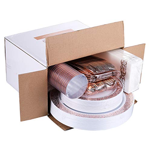 175 Piece Rose Gold Dinnerware Set 25 Guest-50 Rose Gold Lace Plastic Plates-25 Plastic Silverware-25 Plastic Cups-25 Linen Like Paper Napkins, FOCUSLINE Disposable Dinnerware Set