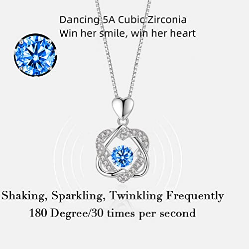Sparkling Dancing Diamond Necklace - Dainty 925 Sterling Silver Pendant with Cubic Zirconia Birthstones for Women and Girls - Ideal Gift for Valentine's Day, Christmas (HeartBlue)