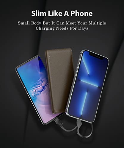 10000mAh Built in Cables Power Bank, 10000 Built in TYPE C Cords External Portable Battery Charger for Cell Phone,Type C (Input & Output) Battery Pack Compatible with iPhone and Samsung, Deep Brown