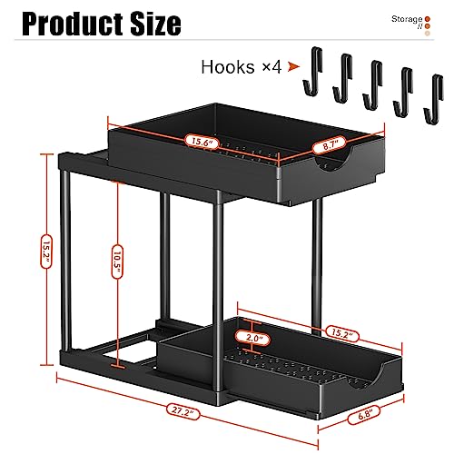ARSTPEOE 2 Pack Double Sliding Under Sink Organizers and Storage,Two Tier Bathroom Storage and organization,Under Cabinet Organizer with Hooks Hanging Cup,Home Organization,Black
