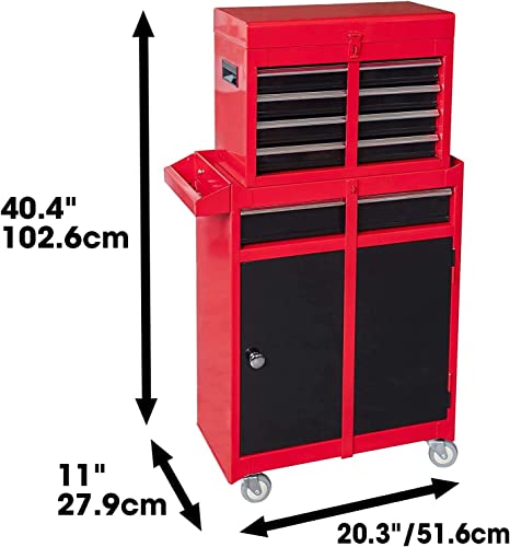 HPDMC Rolling Garage Workshop Tool Organizer/Detachable 4 Drawer Tool Chest with Large Storage Cabinet and Adjustable Shelf, 20.3" L x 11" W x 40.4" H Red & Black