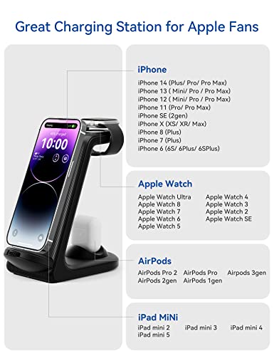 ELEGRP Charging Station for Apple Devices, Charging Stand for iPad Mini, iPhone 14/13/12/11, Airpods, Apple Watch, Charging Cable is Removable and Replaceable, LED, FCC (Black)