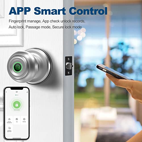 GeekTale Smart Door knob, Fingerprint Door Lock Smart Lock Biometric Door Lock Fingerprint Door knob with App Control, Great for Bedrooms,Cloakroom,Apartments Offices,Hotels, Satin Nickel