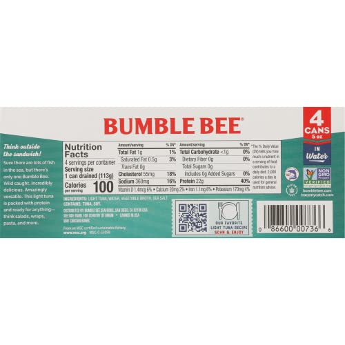 Bumble Bee Chunk Light Tuna In Water, 5 Oz Cans (Pack Of 4) - Wild Caught Tuna - 22g Protein Per Serving - Non-GMO Project Verified, Gluten Free, Kosher - Great For Tuna Salad & Recipes