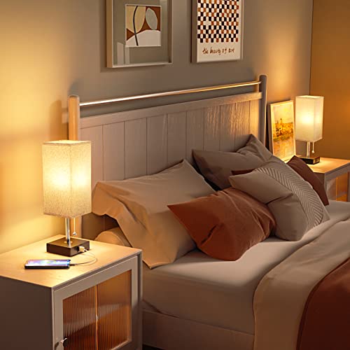 aooshine Bedside Lamps for Bedrooms Set of 2 - Table Lamps for Nightstand with USB Ports, Small Night Stand Light Lamp with Grey Fabric Shade for End Table Living Room Home Office (2 Pack)