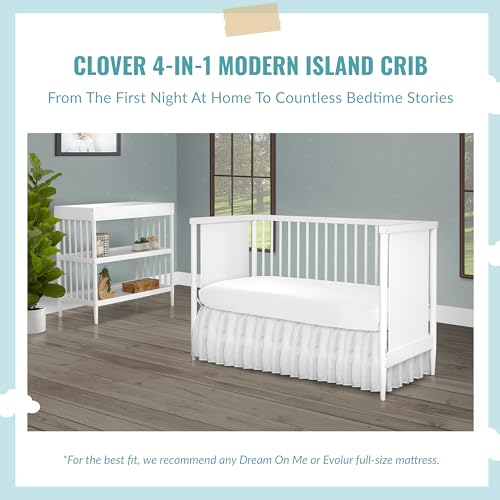 Dream On Me Clover 4-in-1 Modern Island Crib with Rounded Spindles in White, Convertible Crib, Mid-Century Meets Modern, Coordinates with The Clover Changing Counter