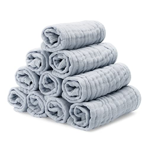 Baby Washcloths, Muslin Cotton Baby Towels, Large 10”x10” Wash Cloths Soft on Sensitive Skin, Absorbent for Boys & Girls, Newborn Baby & Toddlers Essentials Shower Registry Gift (Slate, Pack of 10)