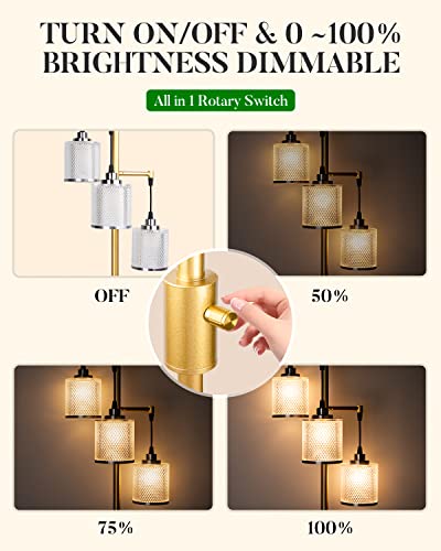bulbeats 67IN Dimmable (Brightness Adjustable) Floor Lamp with 0%-100%, Floor Lamp with 3pcs LED Bulbs Included Plastic Shatterproof Lampshade Gold Mid-Century Modern Light for Living Room/Bedroom