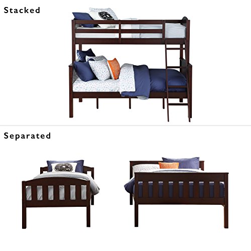 Dorel Living Airlie Solid Wood Bunk Beds Twin Over Full with Ladder and Guard Rail, Espresso