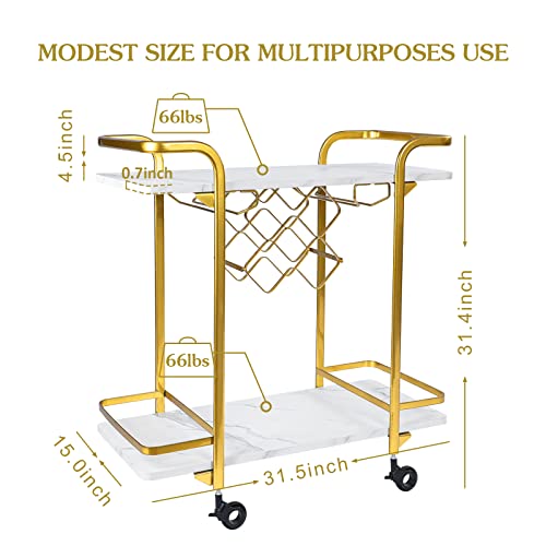 Jubao Deluxe Gold Bar Cart, 2-Tier Premium Texture Bar Cart for Kitchen and Dining Room Outdoor, with Glass Holders and 5 Wine Racks, Modern Marbled Solid Wood Cart on Silent Wheels