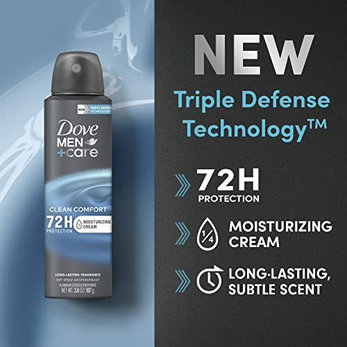 Dove Men+Care Antiperspirant Deodorant Dry Spray Clean Comfort 3 Count For Men 48-hour Sweat and Odor Protection with Triple Defense Technology 3.8 oz