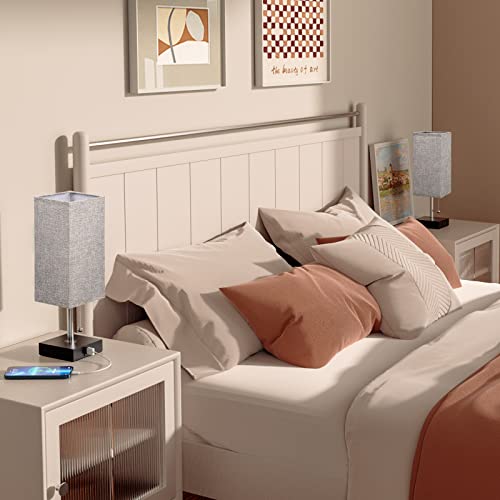 aooshine Bedside Lamps for Bedrooms Set of 2 - Table Lamps for Nightstand with USB Ports, Small Night Stand Light Lamp with Grey Fabric Shade for End Table Living Room Home Office (2 Pack)