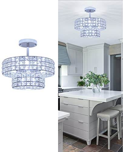 LASENCHOO 4 Lights Modern Crystal Chandeliers for Living Room Kitchen Dining Room Light Fixture, Crystal Flush Mount Ceiling Light Fxiture Brushed Nickel Flush Mount Chandelier G45 Bulbs(Not Include)