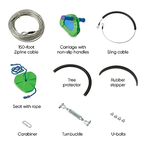 HearthSong 100-Foot Green Galvanized Steel Backyard Zipline Kit, Adjustable/Removable Seat, Rubber Brake for Safety, Non-Slip Handles, Fully Enclosed Carriage, 250 lbs., Ages 8 and Up