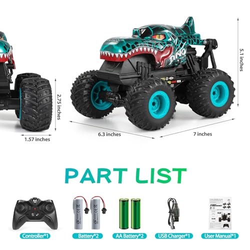 DYODYORC RC Monster Truck, 2.4Ghz High Speed Remote Control Car, All Terrain RC Truck with Light&Music&360°Stunt, RC Dinosaur Car with 2 Rechargeable Batteries, Toy Gifts for Boys and Girls (Cyan)