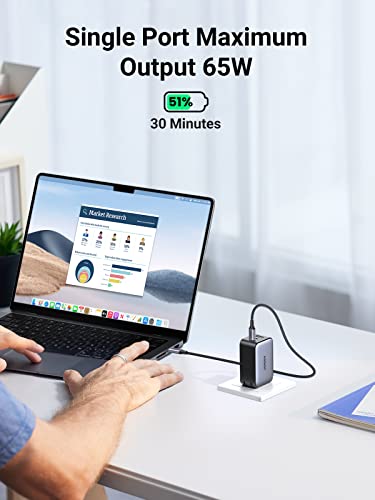 UGREEN USB C Charger 65W Nexode 3 Ports GaN Fast Charger Block, Compact Foldable Wall Charger Compatible with MacBook Pro/Air, Dell XPS, iPhone 14, iPad Pro, Galaxy S23, Pixel 7, Steam Deck (Black)