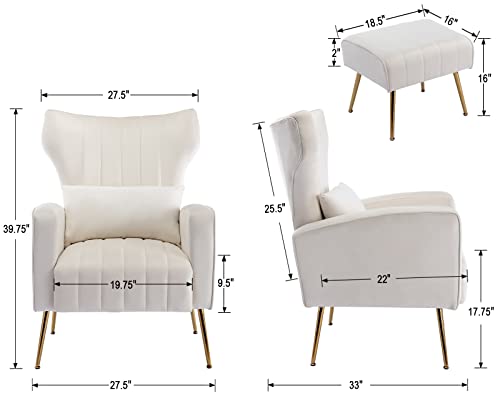 DM Furniture Accent Chair with Ottoman Velvet Modern Wingback Club Chair Upholstered Reading Armchair with Gold Metal Legs for Living Room/Bedroom, Cream
