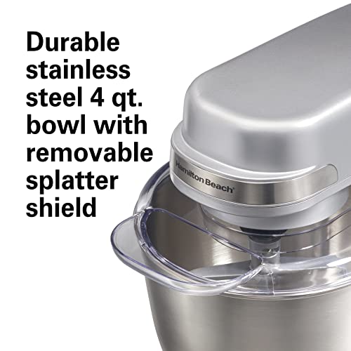 Hamilton Beach Electric Stand Mixer, 4 Quarts, Dough Hook, Flat Beater Attachments, Splash Guard 7 Speeds with Whisk, Silver