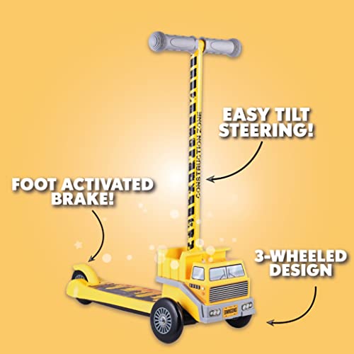 Dimensions 3D Dump Truck Self Balancing Kick Scooter Toddler Scooter & Kids Scooter, Extra Wide Deck, 3 Wheel Platform, Foot Activated Brake, 75 lbs Limit, Kids,Girls or Boys, for Ages 3 and Up