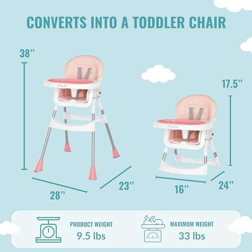 Dream On Me Portable 2-in-1 Tabletalk High Chair, Convertible Compact Light Weight Highchair, Pink