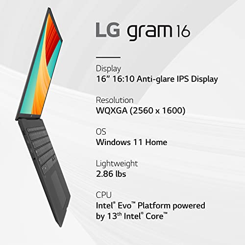 LG gram 16” Lightweight Laptop, Intel 13th Gen Core i7 Evo Platform, Windows 11 Home, 16GB RAM, 1TB SSD, Gray