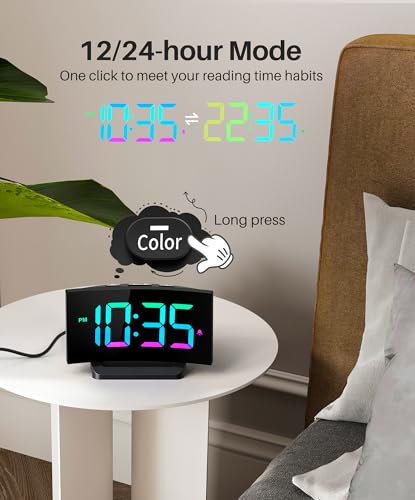 GOLOZA Digital Alarm Clocks for Bedrooms, Digital Clock with 6 Colors RGB Display, 5-Level Brightness + Off, 2 Volumes, 3 Alarm Tones, Snooze, Power-Off Memory, 12/24h, Alarm Clock for Kids Teens