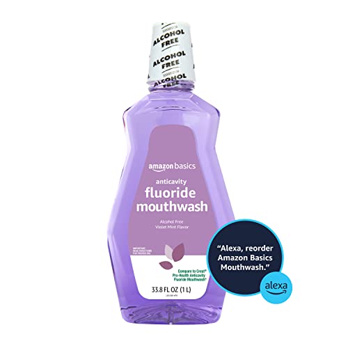 Amazon Basics Anticavity Fluoride Mouthwash, Alcohol Free, Violet Mint, 1 Liter, 33.8 Fluid Ounces, 4-Pack (Previously Solimo)