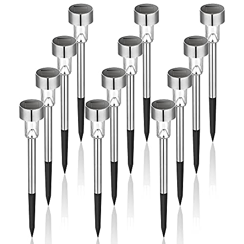 GIGALUMI Solar Gargen Lights, Solar Lights for Outside, 12Pack Stainless Steel LED Solar Lights Outdoor Waterproof Lights Outdoor Solar Lights for Patio, Lawn, Yard and Landscape-(Cold White)