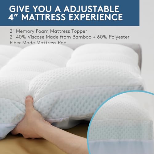 HYLEORY Dual Layer 4 Inch Memory Foam Mattress Topper Twin Size, Breathable & Medium Support, 2 Inch Cooling Gel Memory Foam & 2 Inch Viscose from Bamboo Pillow Top Mattress Pad Cover for Back Pain